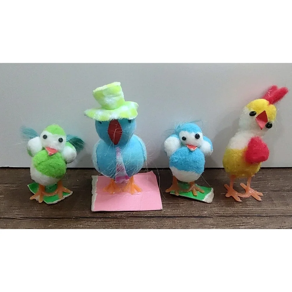 Vintage Easter Miniature Pom Pom Birds With Feet Colors Feathers Craft Set Of 4